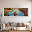 Buoy Painting, River Calm, Coastal Reflection, Peaceful Dock, Canvas Print, lake cabin art, nautical wall decor, colorful waterway scene