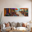 Coastal Café, Ocean View, Umbrella Patio, Bright Florals, Framed Canvas Print, Kitchen Wall Art, Mediterranean Style, Garden Dining Art