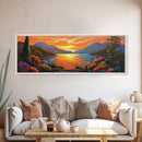 Mountain Sunset Lake, Bold Nature Landscape, Vibrant Water Reflection, Framed Canvas Print, Rustic Living Room or Cabin Wall Art