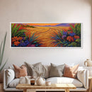 Golden Horizon Path, Vibrant Floral Border, Nature Sunset Painting, Framed Canvas Print, Bedroom Wall Art, Warm Color Landscape