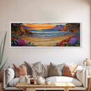 Tranquil Beach Sunset, Colorful Coastal Scene, Ocean Cliff View, Floral Accents, Framed Canvas Print, Dining Room art,  Office Art