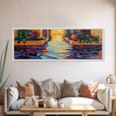 Sunset Canal Garden, Water Reflections, Warm Floral Courtyard, Framed Canvas Print, Kitchen Wall Art, Romantic Boho Artwork