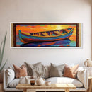Colorful Boat, Sunset Reflection, Vibrant Seascape, Canvas Print, Nautical Living Room Wall Art, Coastal Decor, Bold Modern Art