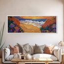 Tropical Cove, Sunset Beach, Colorful Blooms, Coastal Escape Framed Canvas Print, Bedroom Wall Art, Bold Landscape Painting