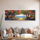 Seaside Trees, Autumn Canopy, Ocean View, Coastal Path, Framed Canvas Print colorful fall wall art, entryway decor, boho nature scene