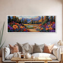 Wildflower Trail Art, Mountain Landscape, Framed Canvas Print, Nature Inspired Decor, Boho Living Room Wall Art, Vibrant Floral Scene