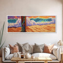Painted Post, Colorful Shore, Ocean Wave, Surf Vibes, Framed Canvas Print, Beach Bedroom Wall Art, Tropical Seaside Expressionism