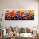 Vibrant Floral Burst, Sunset Garden, Colorful Flowers, Bold Leaves, Canvas Print, Living Room Wall Art, Boho Botanical Style