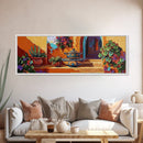 Mexican Pottery, Rustic Charm, Colorful Courtyard, Desert Plants, Framed Canvas Print, Kitchen Wall Art, Boho Decor, Spanish Style Art