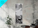 Peaceful Lake, Cloud Reflection, Shoreline Stones, Framed Canvas Print, Guest Room Wall Art, Nature Inspired Decor, Minimalist Landscape