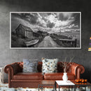 Seaside Village, Driftwood Cabins, Coastal Road, Vintage Fishing Town, Framed Canvas Print, Rustic Kitchen Wall Art, Moody Monochrome