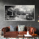 Old Fishing Harbor, Weathered Boats, Coastal Village Scene, Canvas Print, Nautical Kitchen Wall Art, Maritime Black and White Decor