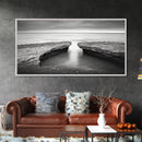 Ocean Rock Split, Calm Seascape Horizon, Monochrome Photography, Canvas Print, Bathroom Wall Art, Zen Coastal Aesthetic, Office Wall Art