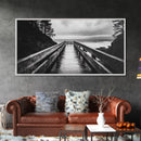 Rainy Dock View, Ocean Storm Mood, Moody Coastal Photo, Canvas Print, Living Room Wall Art, Black and White Nautical Decor, Rustic Coastal