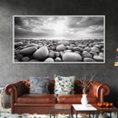 Pebble Beach Sunrise, Serene Rock Shore, Ocean Horizon Light, Framed Canvas Print, Bathroom Wall Art, Minimalist Coastal Decor