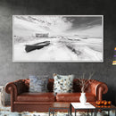Snowy Coastal Boat, Rustic Winter Landscape, Farmhouse Wall Art, Neutral Tones, Canvas Print, Entryway or Fall Seasonal Decor