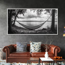 Hammock Lake, Restful Retreat, Trees Framing, Relax Mood, Framed Canvas Print, Bedroom Wall Art, Slow Living Style, Boho Natural Art