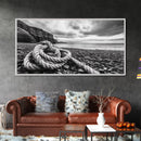 Coastal Rope, Pebble Shore, Nautical Texture, Rugged Seascape, Canvas Print, Bathroom Wall Art, Beach House Style, Moody Ocean Decor