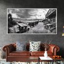 Beach Boardwalk, Coastal Restaurant, Moody Seaside View, Framed Canvas Print, Kitchen or Bar Wall Art, Rustic Autumn Decor