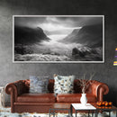 Foggy Valley, Highland Mist, Mountain View, Serene Landscape, Framed Canvas Print, Office Wall Art, Nature Escape, Zen Mountains