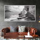 Stone Stairway, Ocean Cliff, Coastal Architecture, Mediterranean Charm, Framed Canvas Print, Rustic Wall Art, Entryway Travel Decor