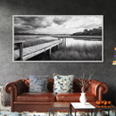 Marsh Dock Scene, Tranquil Water Landscape, Rustic Pier Canvas Print, Black and White Nature, Entryway Art, Coastal Country Home Decor