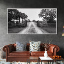 Rustic Gate Trail, Southern Country Road, Tree-Lined Entry, Framed Canvas Print, Farmhouse Style, Entryway or Office Wall Art