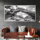 Natural Rock Arch, Seaside Cliff View, Desert Coastal Window, Framed Canvas Print, Boho Earth Tones, Living Room Wall Decor