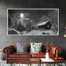 Snowy Cabin, Winter Night, Starry Sky, Cozy Mountain Scene, Framed Canvas Print, rustic lodge decor, Christmas art, bedroom wall print