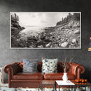 Rocky Coast, Forest Edge, Tranquil Shoreline, Earthy Landscape Scene, Canvas Print, Neutral Home Decor, Rustic Cabin Wall Art