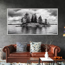 Lake Island, Pine Trees, Nature Panorama, Black and White Wilderness, Framed Canvas Print, Office Wall Art, Outdoor Inspired Decor