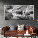 Sailboat Reflection, Tranquil River, Nautical Scene, Black White, Framed Canvas Print, Coastal Decor, Beach House Wall Art, Ocean Minimalism