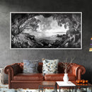 Ocean Cave View, Coastal Tree Framing, Tranquil Sea Scene, Nature Window Art, Framed Canvas Print, Bedroom Wall Art, Zen Decor