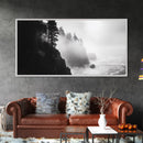 Foggy Cliff Coast, Ocean Pines Landscape, Moody Nature Art, Misty Seascape Scene, Framed Canvas Print, Living Room Wall Art, Fall Decor