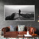 Woman Walking, Jetty View, Seaside Mood, Solitude Moment, Framed Canvas Print, Moody Wall Art, Bedroom Meditation Decor, Boho Decor