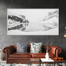 Snowy Cliff Reflection, Winter River Scene, Black and White Nature, Framed Canvas Print, Minimalist Wall Art, Neutral Winter Decor