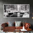Winter Forest Creek, Snow Covered Trees, Black and White Tranquil Art, Canvas Print, Holiday Wall Art, Nature Lover Gift, Cozy Vibe