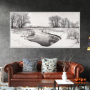 Frozen Stream Scene, Bare Trees Landscape, Black and White Nature Decor, Canvas Print, Winter Wall Art, Neutral Bedroom Accent