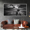 Horseback Beach, Sunset Ride, Equestrian Art, Moody Horizon Scene, Canvas Print, Cowboy Country Decor, Rustic Living Room Wall Art
