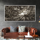 Enchanted Forest Light, Tree Shadows, Nature Landscape, Framed Canvas Print, Rustic Wall Art, Entryway Woodland Decor, Boho Forest Print