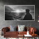 Man Watching Sea, Stormy Ocean View, Emotional Scene, Canvas Print, Moody Coastal Decor, Office Wall Art, Nautical Monochrome Style
