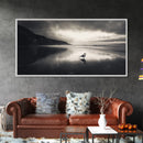 Seagull, Stormy Beach, Reflective Shore, Moody Sky, Framed Canvas Print, coastal bedroom decor, peaceful nature art, minimalist seascape