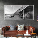 Coastal Cliff View, Seaside Escape, Beachside Structure, Framed Canvas Print, Rustic Wall Art, Modern Coastal Living Room Decor