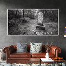 Forest Trail, Stone Marker, Ancient Symbol, Misty Pathway, Framed Canvas Print, cabin decor, woodland art, Autumn wall print, rustic charm
