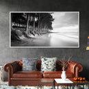 Pine Trees, Sandy Beach, Coastal Serenity, Driftwood Shore, Framed Canvas Print, neutral wall art, coastal rustic style, entryway landscape