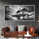 Island Pines, Rocky Shoreline, Peaceful Water, Stormy Sky, Framed Canvas Print, coastal art, rustic nature wall art, neutral living room decor