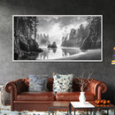 Forest Coast, Secluded Beach, Ocean Rocks, Misty Trees, Framed Canvas Print, Nature Wall Art, Living Room Decor, Moody Landscape