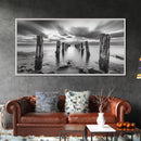 Ocean Pilings, Calm Waters, Cloud Streaks, Sunset Mood, Canvas Print, Minimalist Seascape, Bedroom Wall Art, Serene Beach Decor
