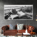 Open Book, Cowboy Hat, Driftwood Beach, Peaceful Shore, Canvas Print, Western Boho Art, Reading Nook Wall Decor, Fall Vibes, Office Wall Decor