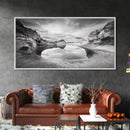 Mirror Lake, Rocky Terrain, Tranquil Waters, Framed Canvas Print, Meditation Room Art, Nature Reflection, Earthy Tones, Spa Decor